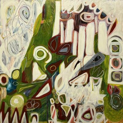 Manifesting large abstract painting mossy green Stonehenge motif floral mark-making