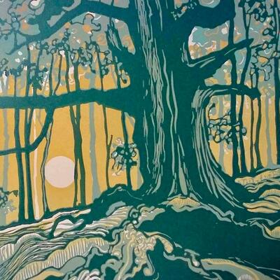 Winter Oak, a linocut by Rosie Fairfax-Cholmeley