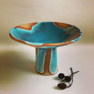 Pedestal dish, stoneware, dry blue glaze