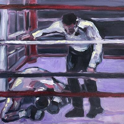 'why waltz with a guy for ten rounds.. when you can knock him out in one?'. Oils on canvas.