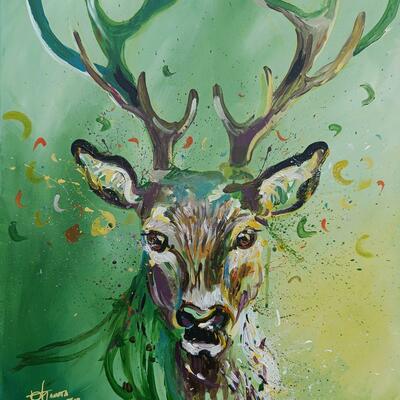 Stag's love language - the celebration of freedom and nature. Colorful and impulsive pallet that highlights the nature and the  free spirit of the animal. The natural light mixed with the faunas green undertone.  Acrylic painting on canvas  50x60cm 