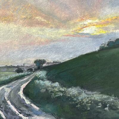 'Watery lane, late sun' soft pastel. 