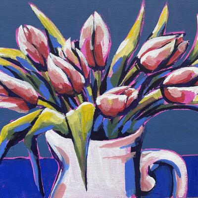 Painting of eight red tulips in a small white jug on a blue table with a dark blue background