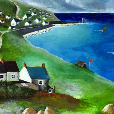 Sennen Cove, Cornwall, England (2022).  Gouache/Acrylics on canvas, 29.7 x 42 cm (A3), framed 42 x 59.4 (A2)