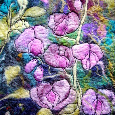 Sweetpeas £75 - Framed hand felted embroidered merino and silk