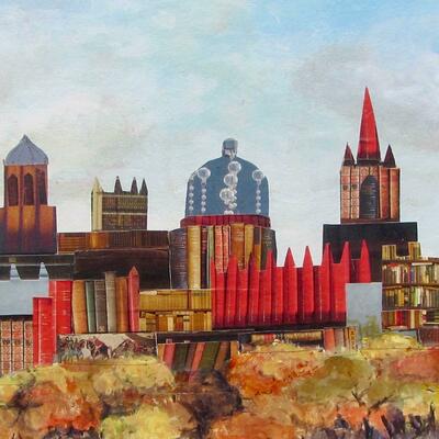"Oxford in Books", collage and acrylic, A4 in size, mounted, £50.