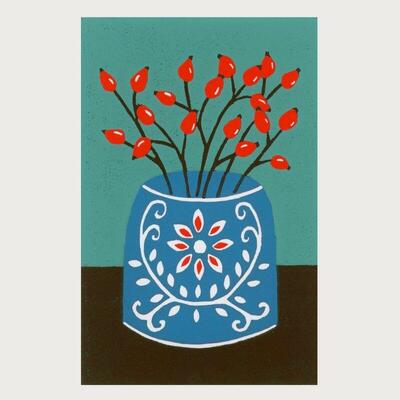 Vase of Rosehips original lino print
