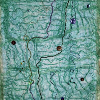 Meandering - layered, hand dyed and printed piece on silk. Section of a hanging