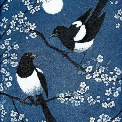 "Moonlit Magpies' etching/aquatint, magpies in a blossom tree with a blue background