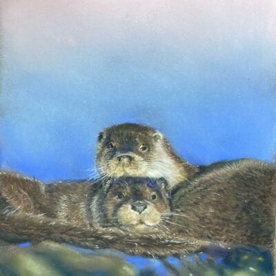 ‘Otterly in Love’ - soft pastels; dimensions 35.5cms x 30cms framed; price £125