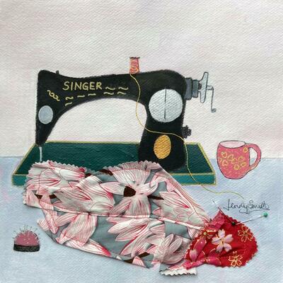 'Time for a cuppa with flowers' - acrylic and fabric. Framed