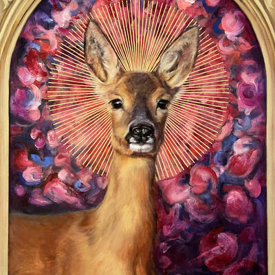 An original oil painting showing a female roe deer (doe) with a sunburst halo against an abstract background of petals. Also pomegranates - a symbol of abundance. By British artist Karina Tarin.