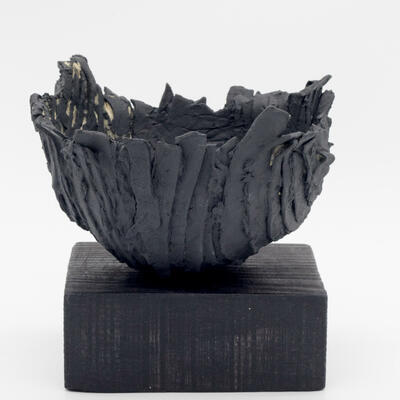 Weathered black Open Sculptural form on charred ash base ash base