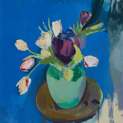 Tulips, Blue Background (water-soluble oil paint on paper).