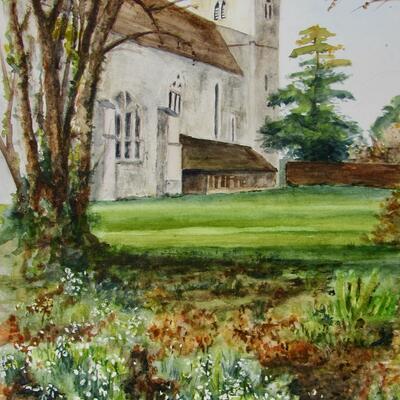 "Snowdrops at Dorchester Abbey", watercolour, 16" x 12" framed, £120