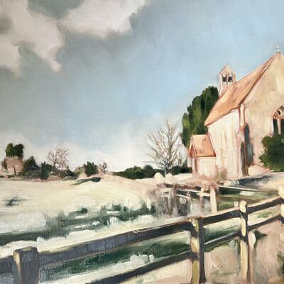 Winter Sun,  St John the Baptist Church, South Moreton.  Oil on board, Morag Conway, 60 x 46 cm, £600 unframed