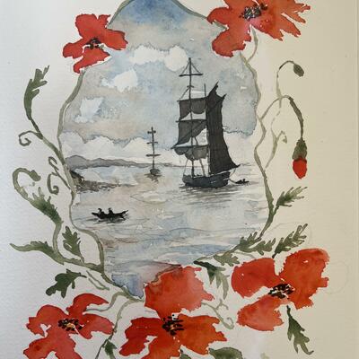 Watercolour Ships and poppies