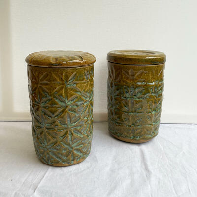 Lidded pots with a deliberate 1970s vibe.