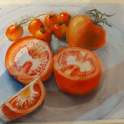 Red summer tomatoes, Still life, Soft pastel, Framed