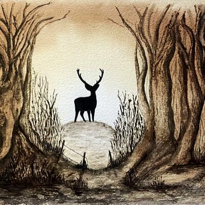 ‘Woodland Glow’ the intention here was to create a magical forest scene, where the trees can display their natural curves, without the distraction of bushy foliage. It all began with the central glow and later silhouetted the Stag. Really love the circle of light here.