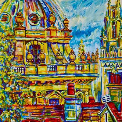 View of Radcliffe Camera, spires and roofs from the TVC rooftop, Oxford, 81x102cm  £220 Acrylic on unframed canvas from a series of sizes and prices of Oxford spires and rooftops