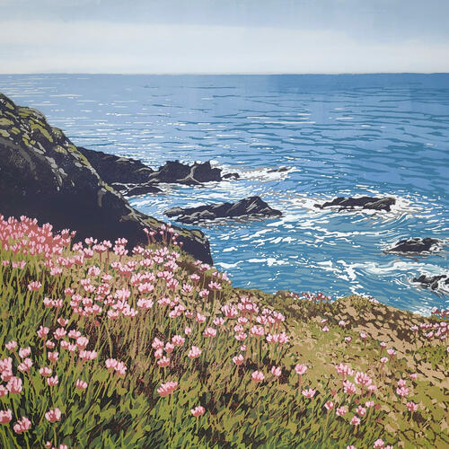 Sea Pinks, coastal reduction linocut by Alexandra Buckle