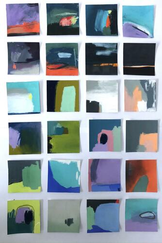 A series of small square colourful pastel drawings arranged in a grid of 6 by 4