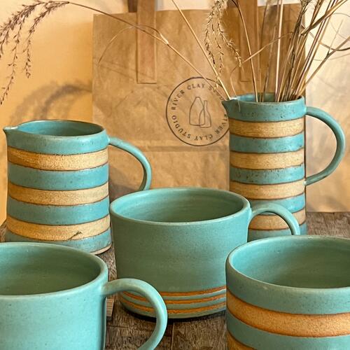 Stripe mugs and jugs in vibrant colours