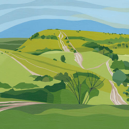 'Ivinghoe Beacon from Steps Hill', acrylic & mixed media painting by Christine Bass; Chilterns landscape with the Ridgeway