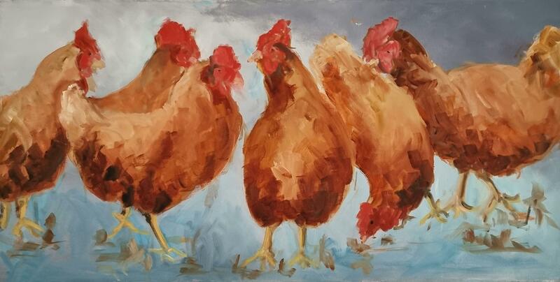 Six happy hens in conversation in oil.