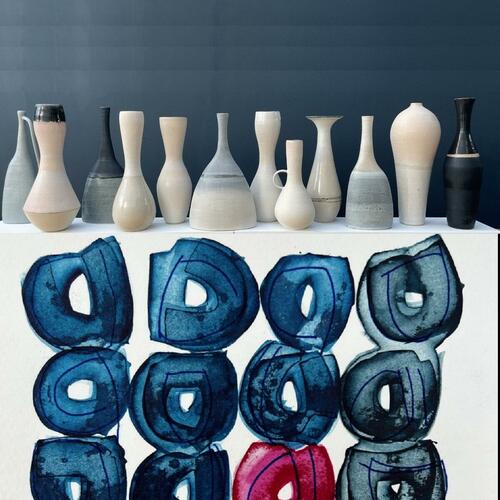 Composite picture of Emma Baldwin's ceramics and one of Lou Sharpe's paintings.