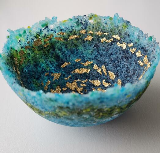 Into The Deep.  Gilded glass bowl using the pate de verre method. Green aqua blue turquoise