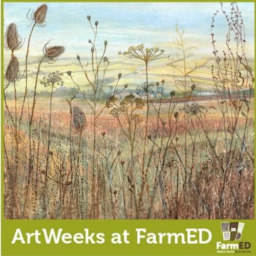 FarmED looking through seedheads across sainfoin field and Evenlode Valley. Mixed media painting. regenerative farming