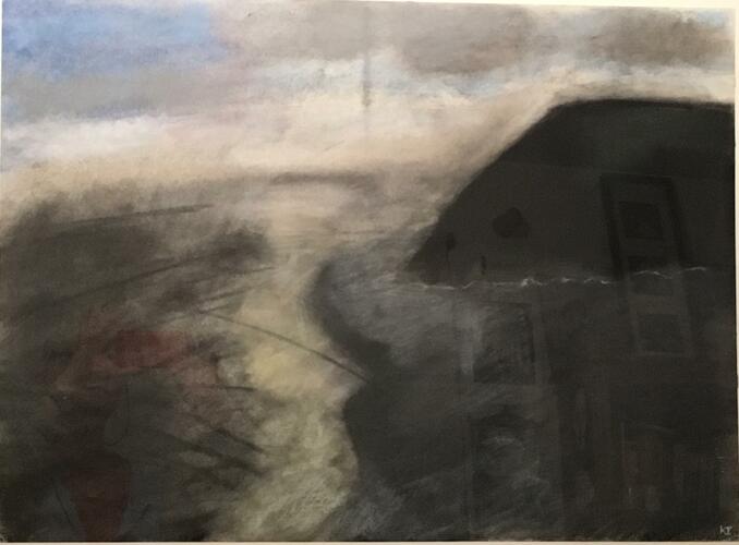 landscape drawing,charcoal ink and pastel
