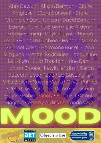 poster for mood with artists names and logos for ovada, artweeks, objects of use, and oxford city council