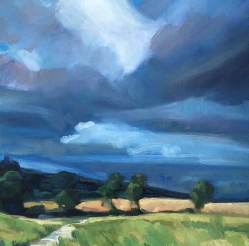 Sharon Williams painting of Cotswold landscape, Churchill & Kingham, 30cm, oil on ply panel