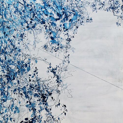 Melanie Goemans, 'Delft III' (detail), 2022. A painting of leaves and foliage in blue oil and charcoal on a pale gessoed linen ground, measuring 125 cm high x 94 cm wide