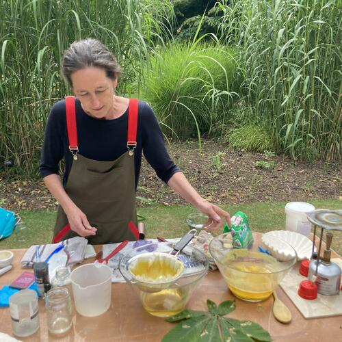 Jules making pigments at The Oxford Botanical Gardens