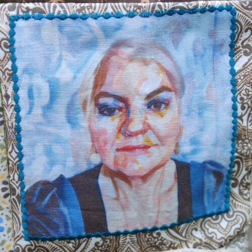 Self-portrait -printed textile with machine embroidery