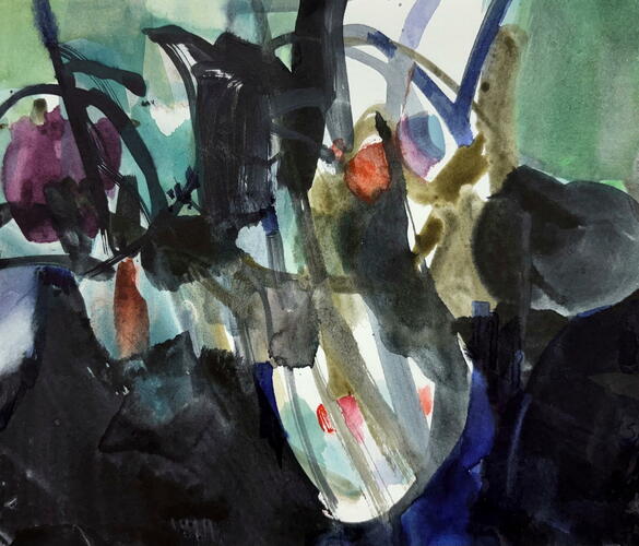 Abstract watercolour painting of dark flowers in glass vase