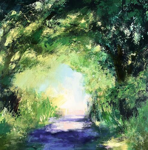 A sunny lane, encircled with trees, inviting the viewer into the scene. i 