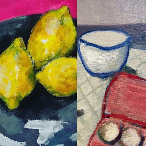 Oil and acrylic still life paintings influenced by the  Fauvism artists and their exciting use of colour