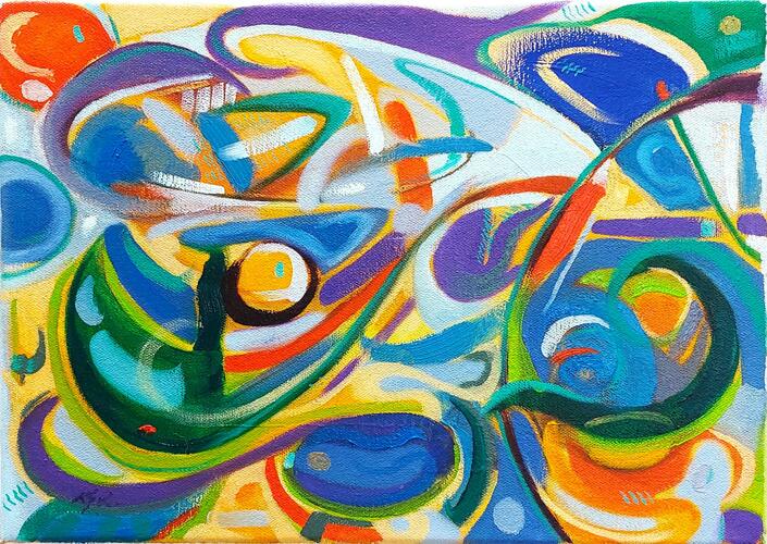 An abstract oil painting titled One Step Forward, with bold colour and dynamic arabesque shapes, by Rebecca Rason Flor Ferreira