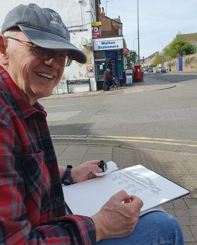 Bruce Bignold sketching in Walton Street, Oxford.