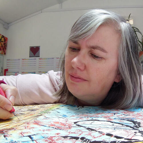 Cathy Read working on the paintng Manchester Map