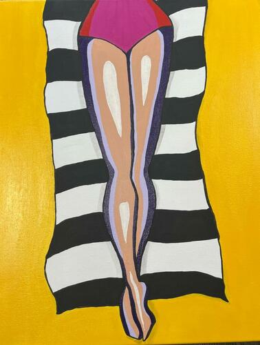 Relax 2. Part of the Body Parts series, Relax 2 is an original artwork. It is acrylic on canvas and is approx 40x50cms. The piece depicts a woman sunbathing on a beach, relaxing on a striped towel. 