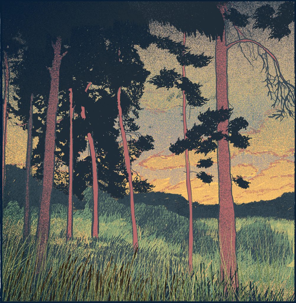 landscape silk screen print by Jon Mackay. Trees at sunset in Oxfordshire.
