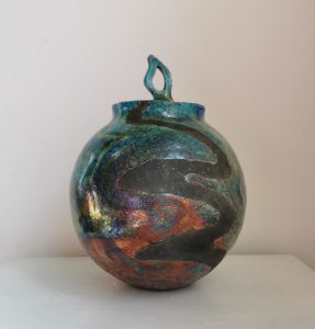 Debbie Page OCG, WOA: Turquoise raku fired jar with lid
