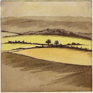 Kat Foxhall OPC: South from the Ridgeway. An etching of a landscape view in yellow and ochre