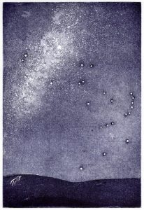 Kat Foxhall OPC: Horse and the Hunter. An etching in dark purples of the Uffington White Horse, Milky Way and Orion constellation